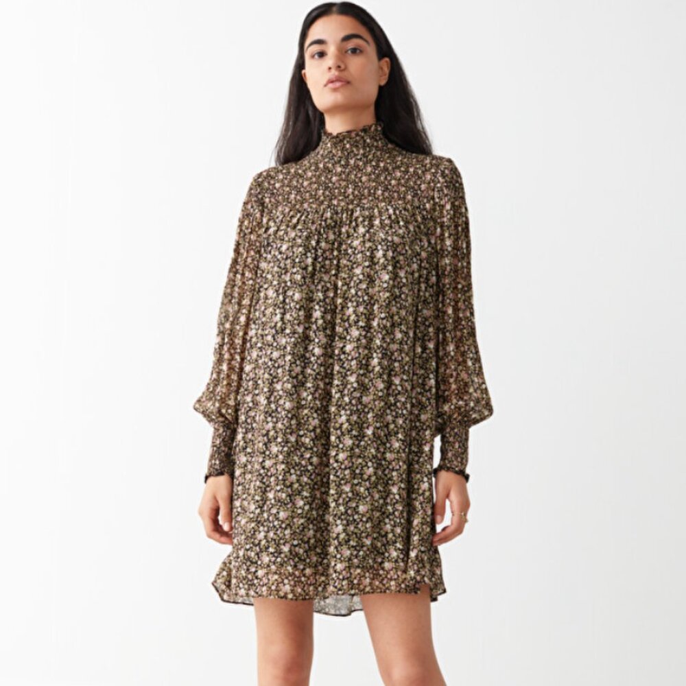 & Other Stories Sheer Smocked Mini Dress Floral Print